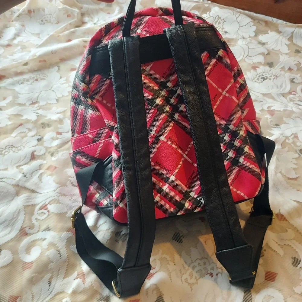 Betsey Johnson Pink Plaid Studded Mini Backpack Gold Heart Studs Rose Lining